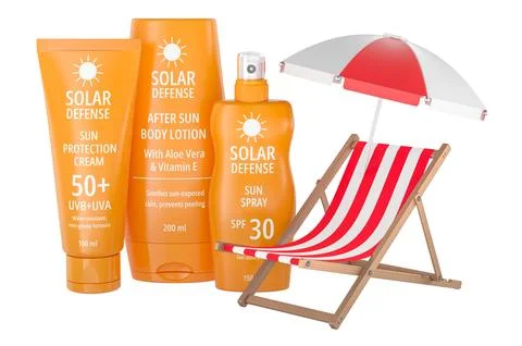 Sun protection and after sun care set with beach chair and umbrella. Summer.. イラスト素材
