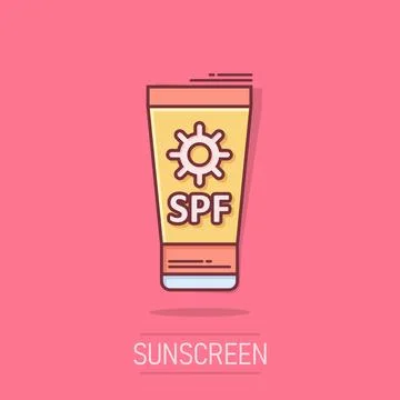 Sun protection icon in comic style. Sunblock cream cartoon vector illustrat.. Stock Illustration