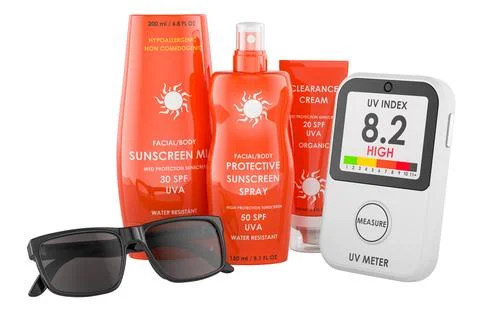 Sun protection kit with sunscreen bottles, sunglasses and UV meter. 3D rend.. Stock Illustration