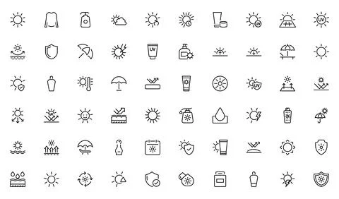 Sun protection line icon set. Containing sunglasses, sunscreen, sunblock, b.. Stock Illustration