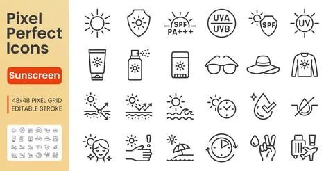 Sun protection line icon set. Sunscreen spray, UV light, summer travel, sunblock 库存插图