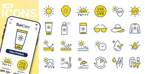 Sun protection line icon set. Sunscreen spray, UV light, summer travel, sunblock Illustrazione stock