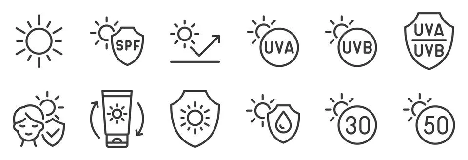 Sun Protection line icon set. SPF, sunscreen, UVA, UVB, broad spectrum, SPF 30 Stock Illustration
