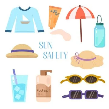 Sun protection set. Hand-drawn illustration of sun safety tips, creme and l.. Illustrazione stock