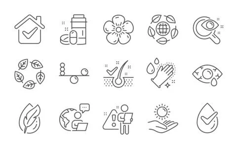 Sun protection, Vision test and Eco organic icons set. Vector Illustrazione stock