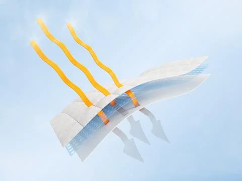 Sun protective fabric structure with yellow gold arrows on blue 3d background Stock Illustration