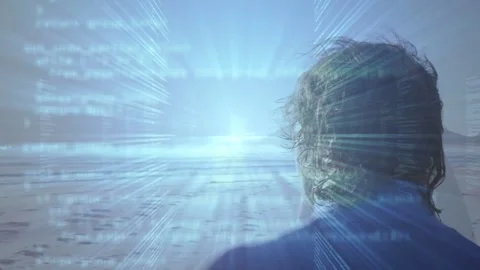 Sun pulsing horizon, man standing beach turning head observing sun while tech Stock Footage 333414193