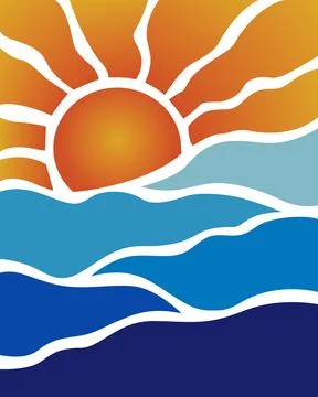 Sun radiates warm glow over calm waters Stock Illustration