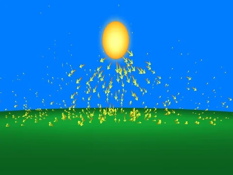 Sun  radiating  arrows, light rays bouncing off land Stock Footage 75464532