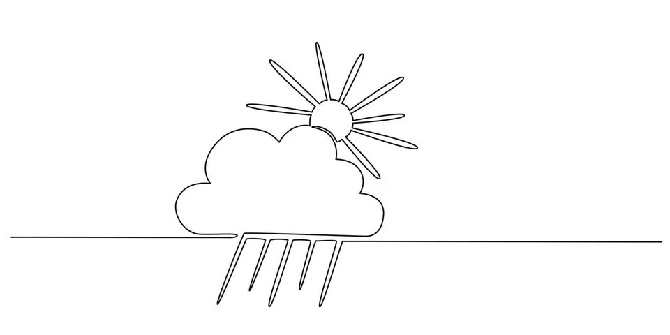 Sun, rain and cloud - hand drawing one single continuous line banner. Vector Illustrazione stock