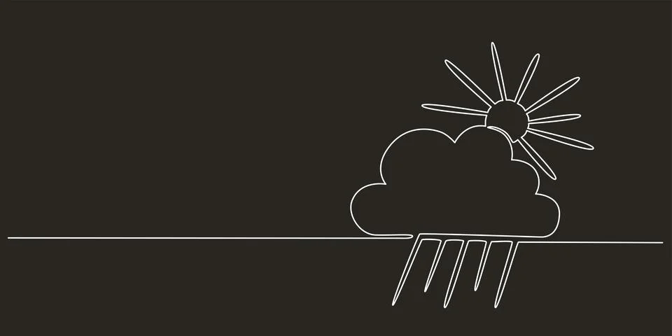 Sun, rain and cloud - hand drawing one single continuous line banner. Vector Illustrazione stock