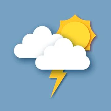 Sun with Rain Clouds and Lightening Bolt. Paper cut weather. Storm time. Stock Illustration