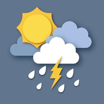 Sun with Raincloud and Lightening Bolt. Paper cut Weather. Storm time. Rain Stock Illustration