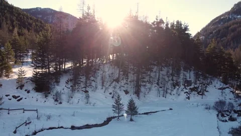 The sun raises behind a forest covered in snow. Aerial view 스톡 동영상 168126541