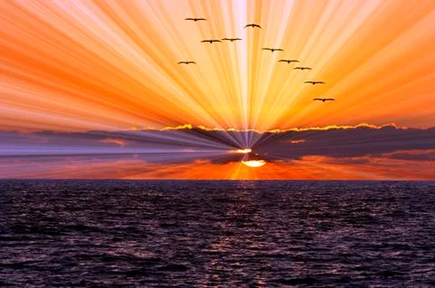Sun Ray Ocean Sunset Stock Photos
