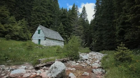 Sun ray passing across stone mill near small stream surrounded with pine forest Stock Footage 8559759