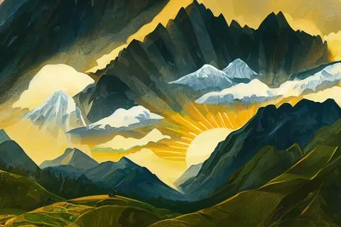 Sun rays and clouds in mountains of Magana valley, Stock Illustration