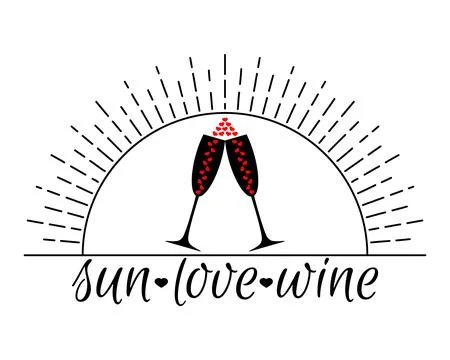 Sun with rays and two wine glasses with hearts inside. They are clink and cheers Stock Illustration