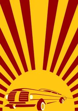 Sun rays backdrop with retro car Stock Illustration