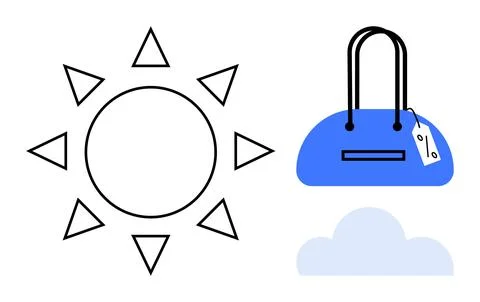 Sun with rays, blue handbag with tag, and grey cloud symbolize travel, shoppi Illustrazione stock