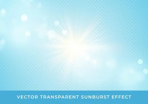 Sun rays blurred bokeh transparent effect isolated on light blue background Stock Illustration