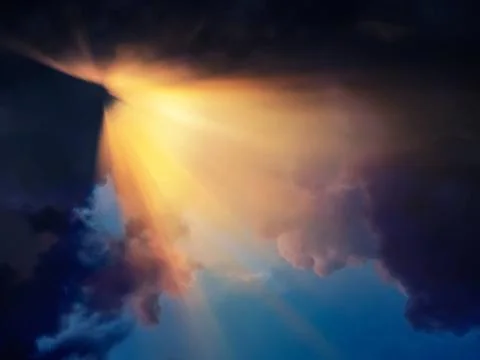 Sun rays breaking through cloud Sun rays breaking through cloud. 3D render... Foto stock