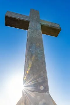 Sun rays come from behind of Gigantic cross in Monastery of Filerimos (Rhodes Stock Photos
