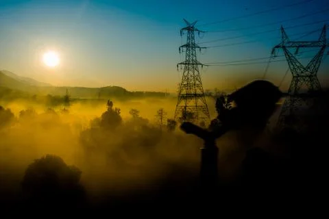 Sun rays coming through the trees and electric towers with fog Stock-Fotos