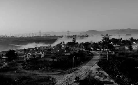 Sun rays coming through the trees and electric towers with fog Stock-Fotos