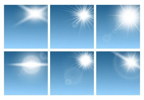 Sun rays effect templates set, realistic vector illustration on blue background. 스톡 일러스트