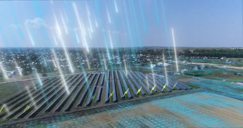 Sun rays hit the solar panel. Visualization of solar electricity production Stock Footage 301884046