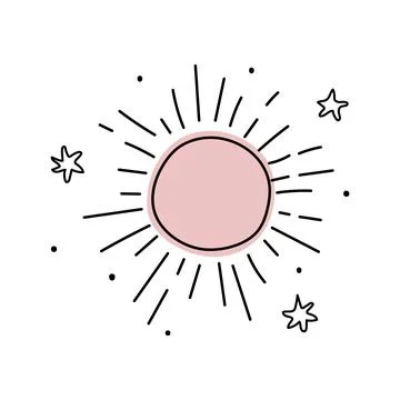 Sun with rays icon, line doodle pattern, simple boho tattoo with stars, logo Stock Illustration
