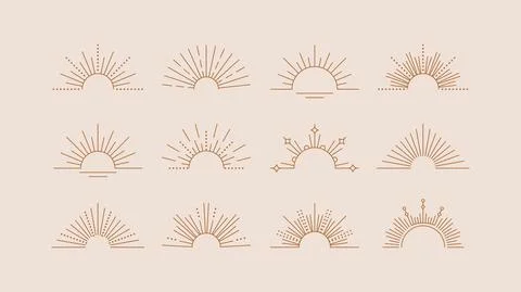 Sun rays line design elements. Vector boho logos. Illustrazione stock