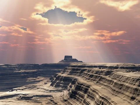 Sun rays over a canyon landscape Stock Illustration