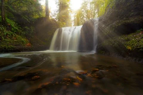 Sun Rays over Hidden Falls in Clackamas OR Fotos Stock