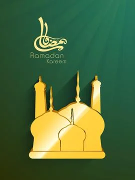 Sun Rays Over Paper Cut Golden Mosque Illustration on Green Background for .. Stock Illustration