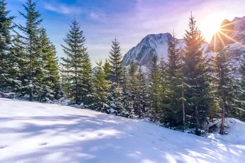 Sun rays over snowy alpine scene Stock Photos