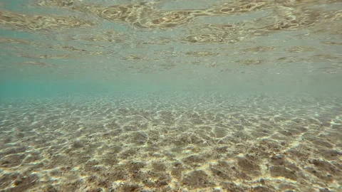 Sun rays pass through turquoise water and glare on sandy seabed, Slow motion Vidéo 338262646