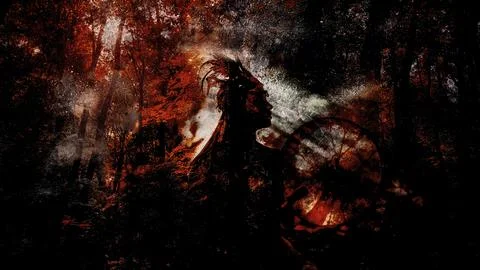 Sun rays passing through the smoke through the forest. Stock Illustration