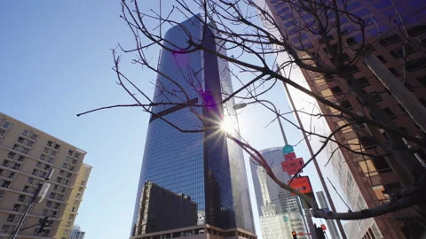Sun rays shine next to modern skyscrapers in Downtown Los Angeles Stock Footage 169402710