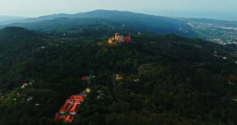 Sun Rays Shining On Pena Palace Picturesque Magical Landmark In Portugal Aerial Stock Footage 300448252