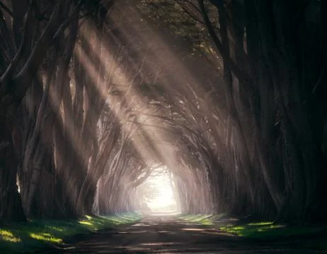 Sun rays shining through the cypress tree tunnel at Point Reyes in California. Photos