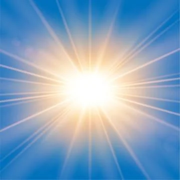 Sun rays. Starburst bright effect, isolated on blue background. Gold light st Stock Illustration
