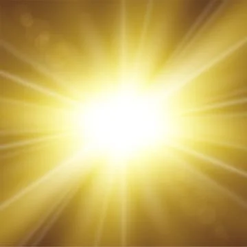 Sun rays. Starburst bright effect, isolated on gold background. Gold light st 스톡 일러스트