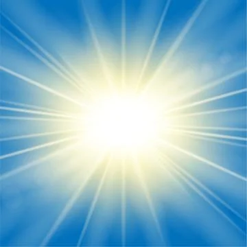 Sun rays. Starburst bright effect, isolated on blue background. Gold light st 스톡 일러스트