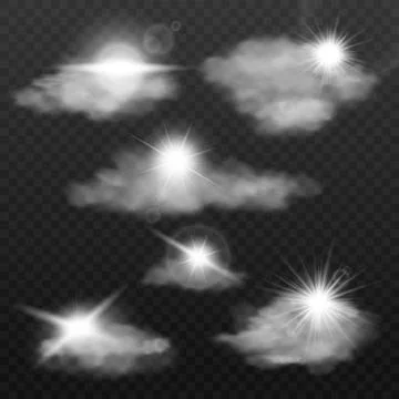 Sun rays through clouds effect set of realistic vector illustrations isolated. Stock Illustration