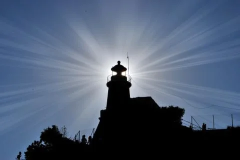 Sun rays through the old lighthouse windows Foto stock