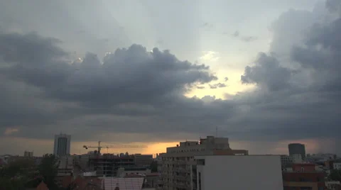Sun Rays Trough The Clouds, Aerial, Skyline,Down Town Hand Held Camera Stock Footage 37741203