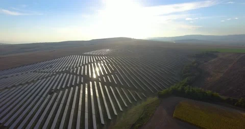 Sun reflected in solar farm panels Stock Footage 137402615