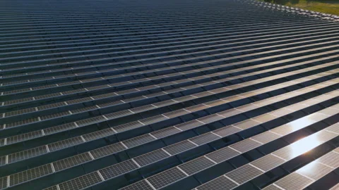Sun reflecting off a large array of solar panels Stock Footage 250068060